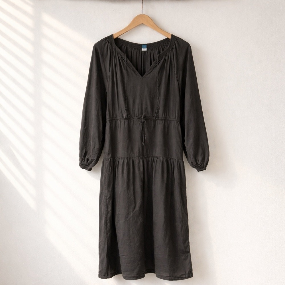 Old Navy Embroidered Tassel Midi‎ Dress Gray Balloon Sleeve Size M Boho Peasant